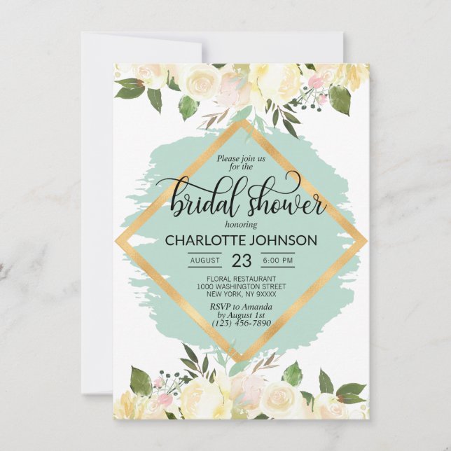 Convites Chá de panela Dourado de Imagem Floral de Watercol (Frente)
