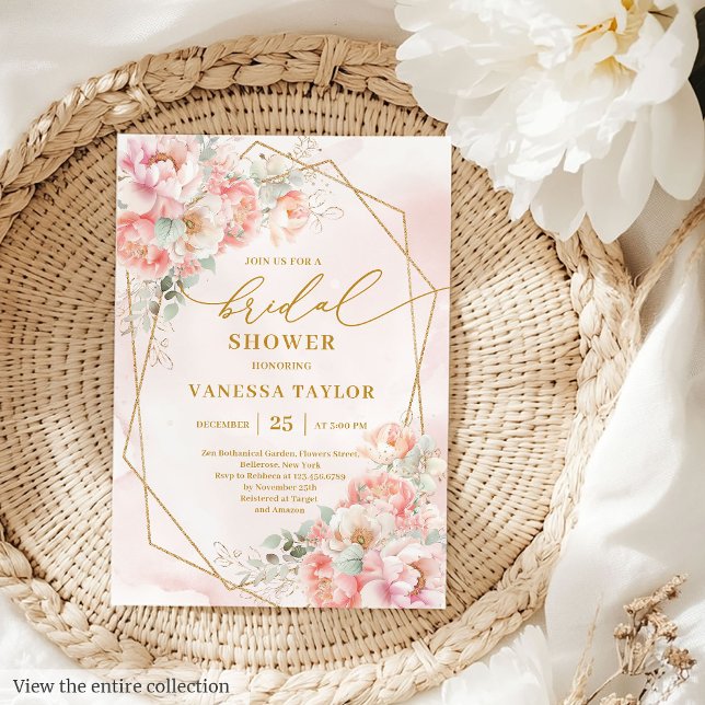 Convites Chá de panela Dourado de Lâmpada Romântica Boho (Romantic Boho Blush Gold Glitter Bridal Shower Invite)