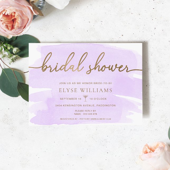 Convites Chá de panela Dourado de Lilas Roxas (Bridal Shower Invitation Purple Watercolour Gold )