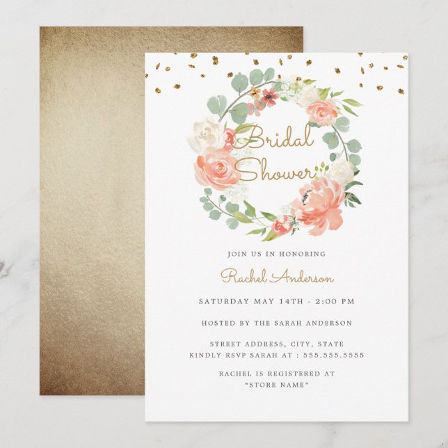 Convites Chá de panela Dourado de Pêssego Sparkle (Frente/Verso)