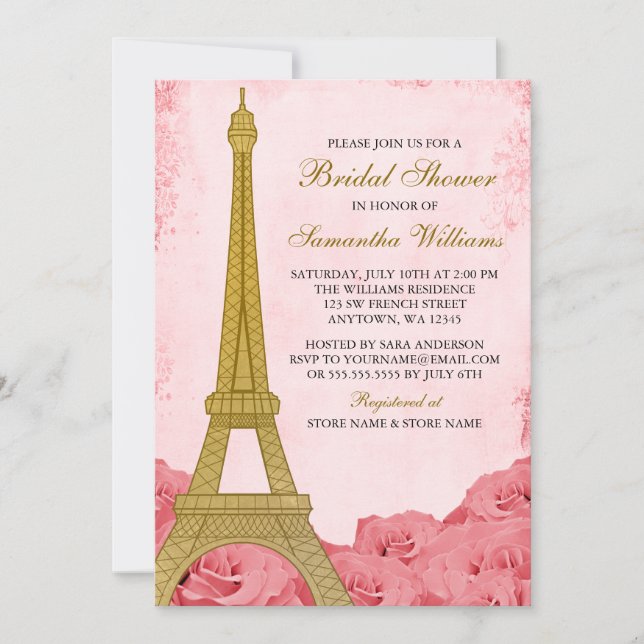 Convites Chá de panela Dourado de Rosas Rosa Eiffel Torre E (Frente)