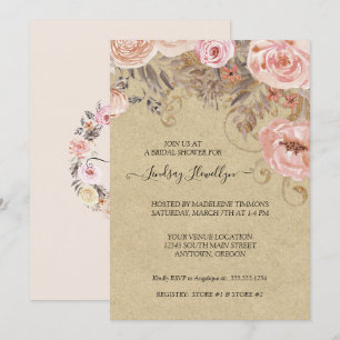 Convites Chá de panela Dourado do Rosa Boho Floral Kraft