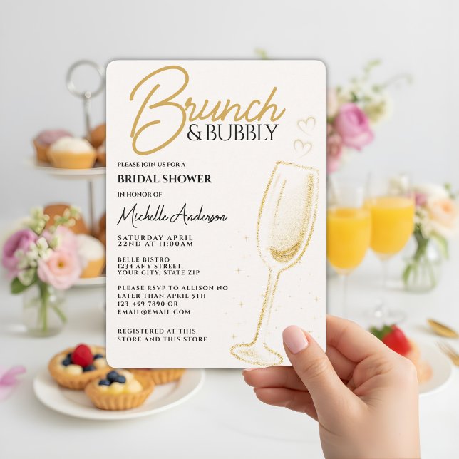 Convites Chá de panela Dourado elegante Brunch e Bubble (Criador carregado)