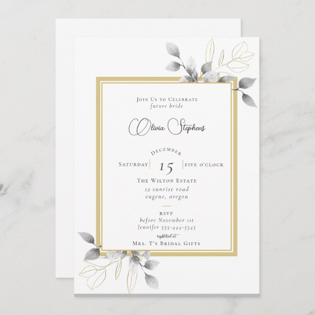 Convites Chá de panela Dourado Elegante de Caligrafia Eucal (Frente/Verso)