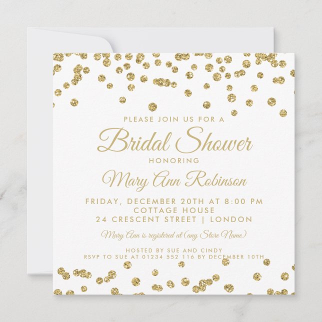 Convites Chá de panela Dourado Faux Glitter Confetti Branco (Frente)