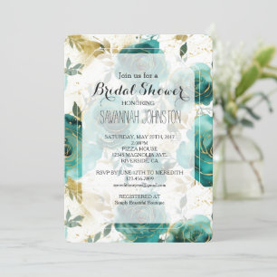 Convites Chá de panela Dourado Floral Branco Teal