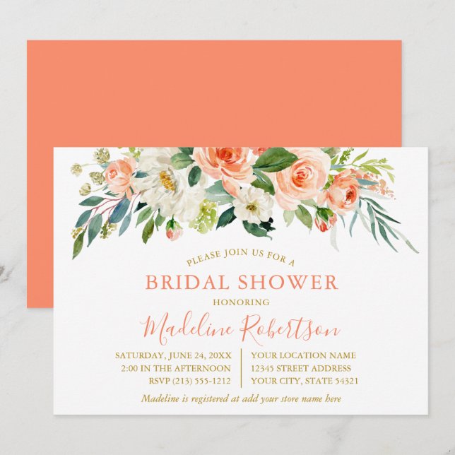 Convites Chá de panela Dourado Floral Coral de Aquarela (Frente/Verso)