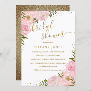 Convites Chá de panela Dourado floral da aguarela do rosa