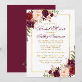 Convites Chá de panela Dourado Floral Elegante Burgundy