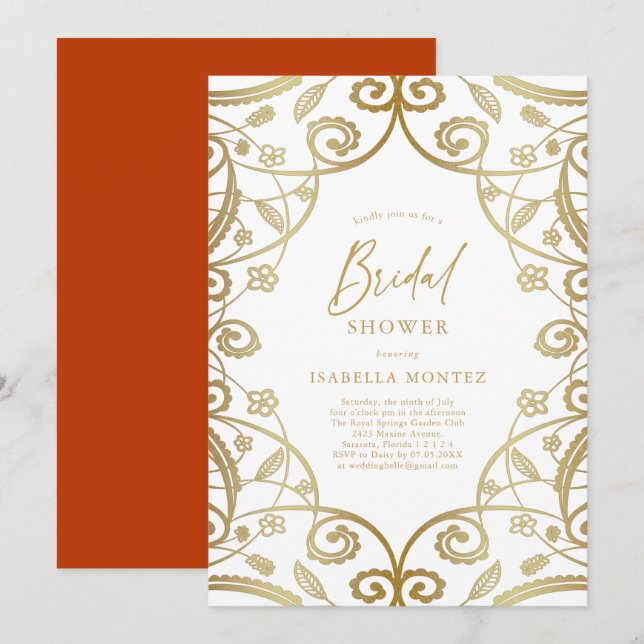 Convites Chá de panela Dourado Floral Laranja Queimado (Frente/Verso)