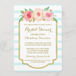 Convites Chá de panela Dourado Floral Rosa com Faixa Azul