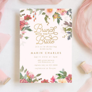 Convites Chá de panela Dourado Floral Rosa Elegante Brunch