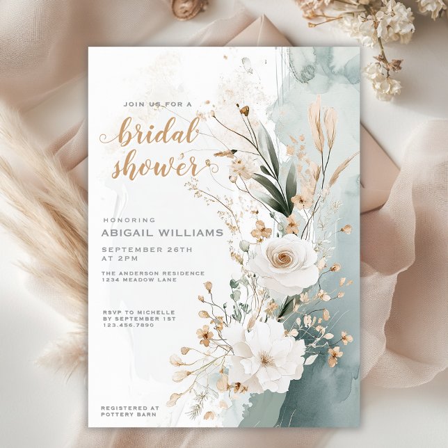 Convites Chá de panela Dourado Floral Verde Costeiro Russo (Rustic Coastal Green Gold Floral Bridal Shower Invitation)