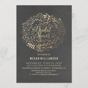 Convites Chá de panela Dourado Floral Vintage Chalkboard