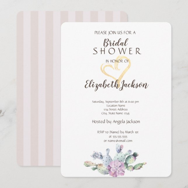 Convites Chá de panela Dourado Glitter Cardíaco do Cactus C (Frente/Verso)