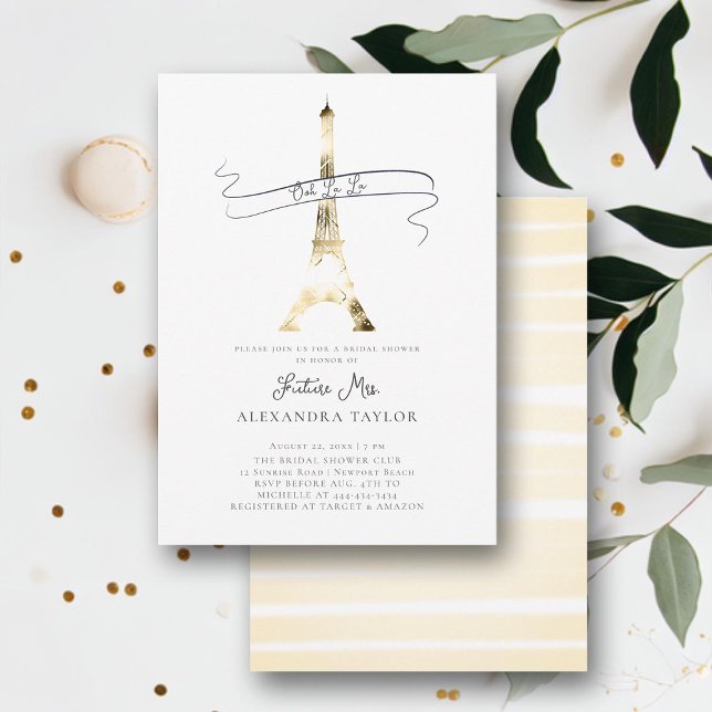 Convites Chá de panela Dourado Minimalista Eiffel Paris Mod (ooh la la paris themed bridal shower invitation gold eiffel modern minimalist elegant classy boho)