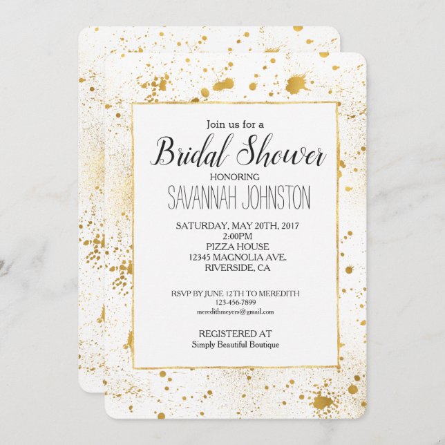 Convites Chá de panela Dourado Splatters (Frente/Verso)