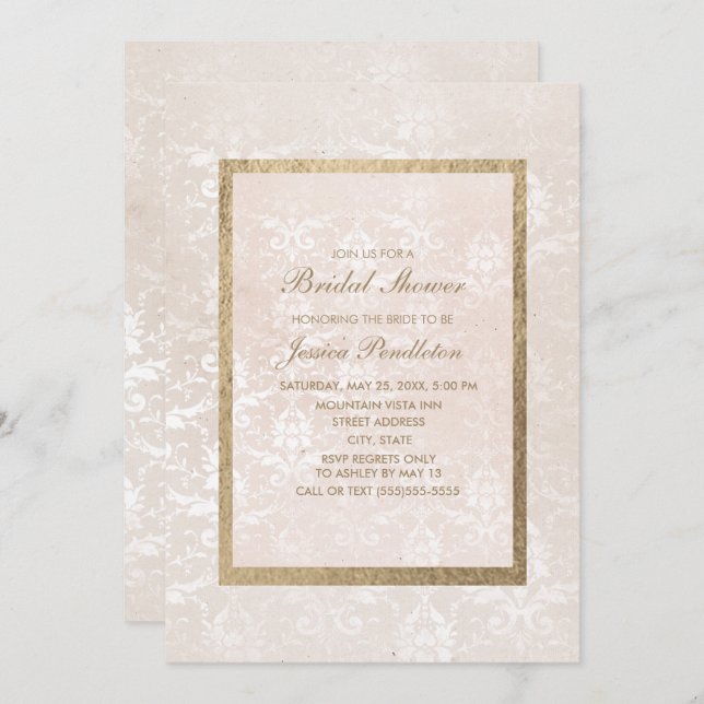 Convites Chá de panela Dourado Vintage Pink Damask (Frente/Verso)