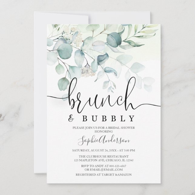 Convites Chá de panela Dusty Blue Brunch e Bubble Greenery (Frente)