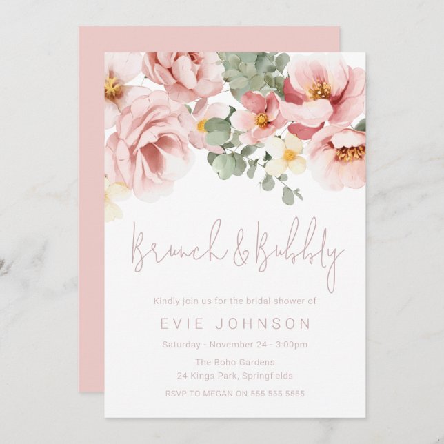 Convites Chá de panela Dusty Rosa Brunch e Bubbles (Frente/Verso)
