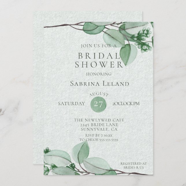 Convites Chá de panela | Elegante Aquarela Eucalyptus (Frente/Verso)