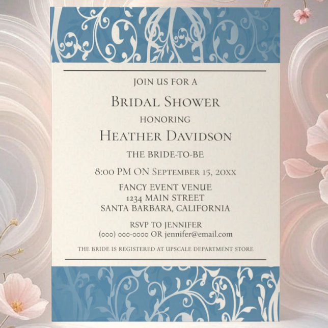 Convites Chá de panela Elegante Azul (Blue Elegant Flourish Bridal Shower Invite)