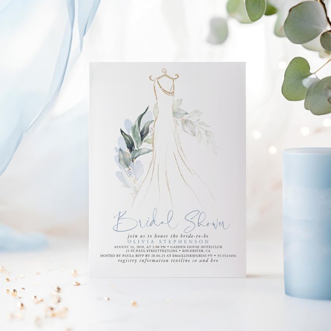 Convites Chá de panela Elegante Azul e Verde Dourado (Dusty Blue Greenery Dress Bridal Shower Invitations)