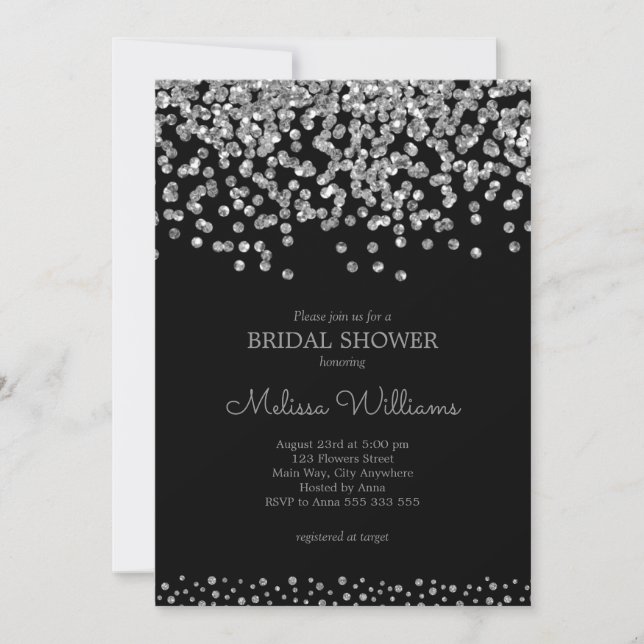 Convites Chá de panela Elegante Black Silver Foil Confetti (Frente)