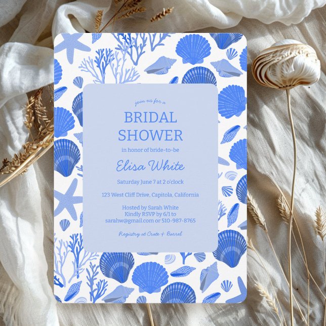 Convites Chá de panela Elegante Blue Beach PERSONALIZADO (Seashells Bridal Shower Elegant Blue Beach CUSTOM Invitation
)