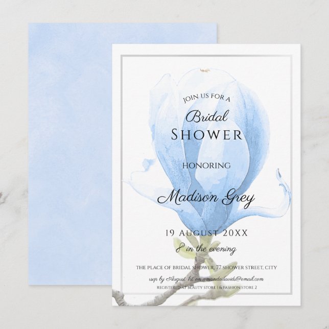 Convites Chá de panela Elegante Blue Magnolia (Frente/Verso)