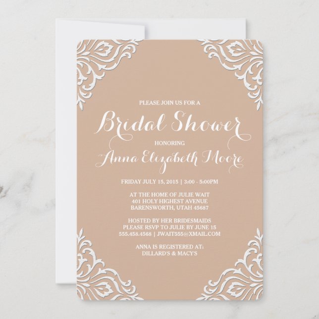 Convites Chá de panela Elegante Blush Damask (Frente)
