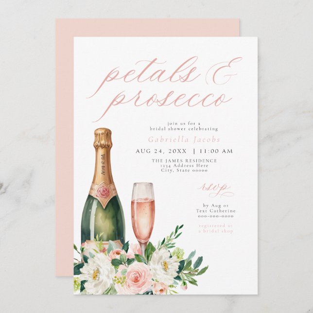 Convites Chá de panela Elegante Blush e Prosecco (Frente/Verso)