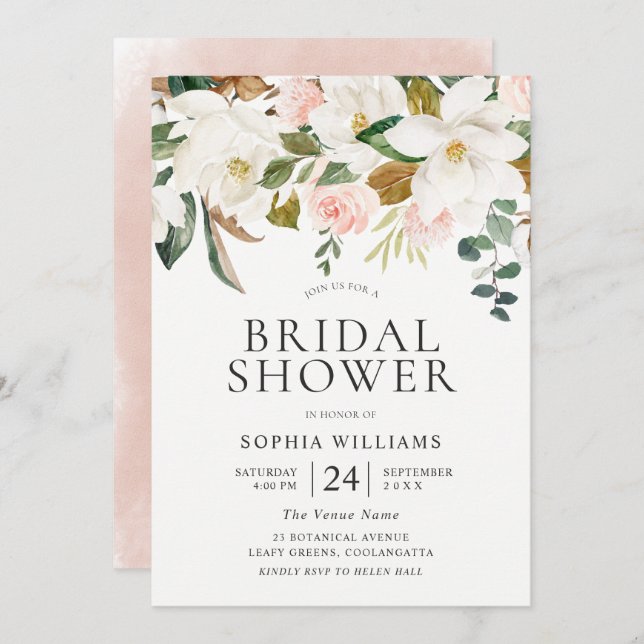 Convites Chá de panela Elegante Blush & White Florals (Frente/Verso)