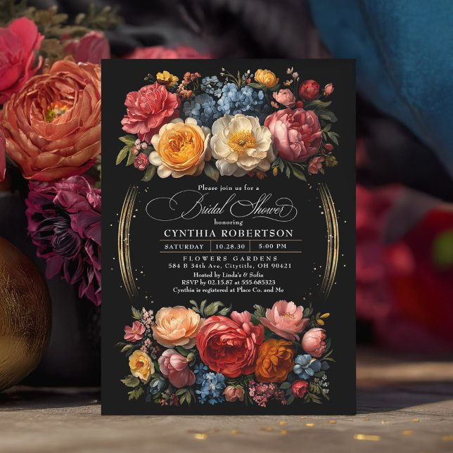 Convites Chá de panela Elegante Botânico Floral Preto (Moody Black Floral Luxury Bridal Shower Invitation)