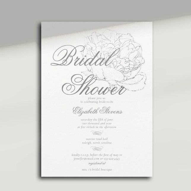 Convites Chá de panela Elegante da Caligrafia Romântica de  (peony bridal shower invitation formal traditional calligraphy modern classic dreamy)
