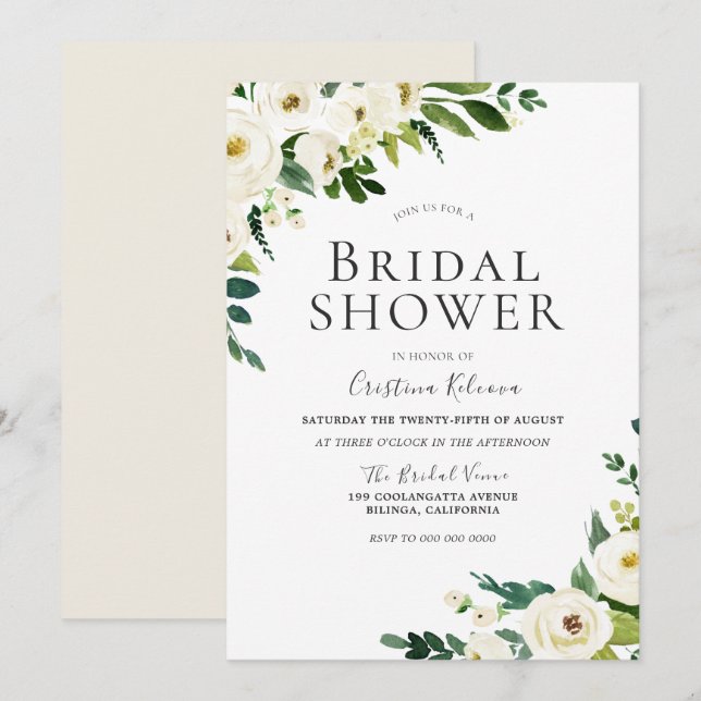 Convites Chá de panela Elegante das Flores Brancas de Champ (Frente/Verso)