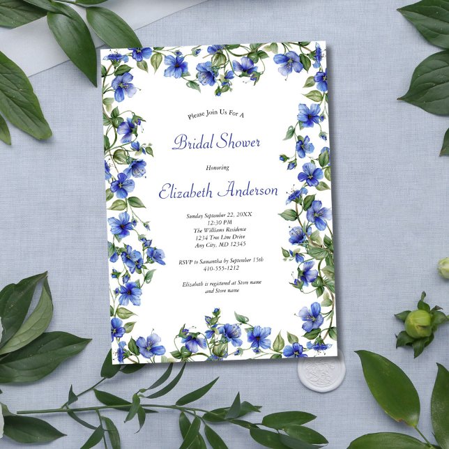 Convites Chá de panela Elegante de Aquarela Azul (Blue Wildflowers Morning Glories Watercolor Bridal Shower invitation, Digital or Printed.)