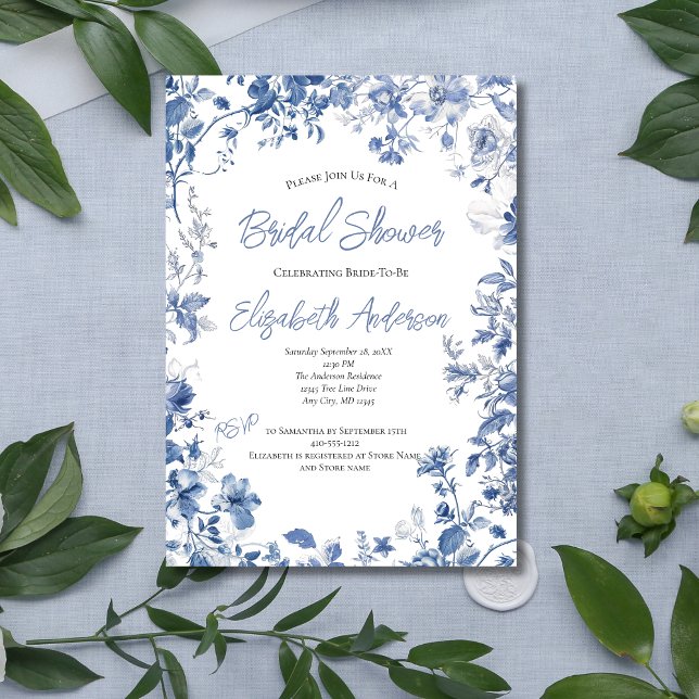 Convites Chá de panela Elegante de Aquarela Azul Floral (Blue Floral Watercolor Border Bridal Shower Invitation. Printed or Instant Digital Download)