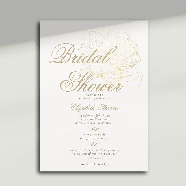 Convites Chá de panela Elegante de Caligrafia Dourada Faux (peony bridal shower invitation formal traditional calligraphy modern classic gold)