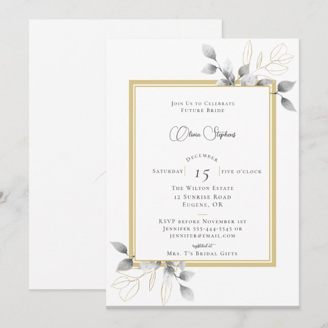 Convites Chá de panela Elegante de Caligrafia Eucalyptus (Frente/Verso)