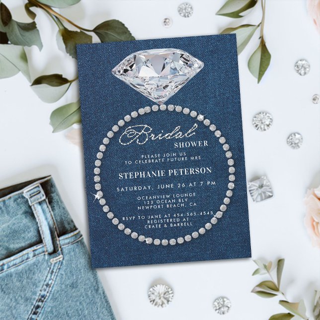 Convites Chá de panela Elegante de Casamento de Ouros de De (denim and diamonds bridal shower invitation big sparkler ring classy stylish chic modern romantic)