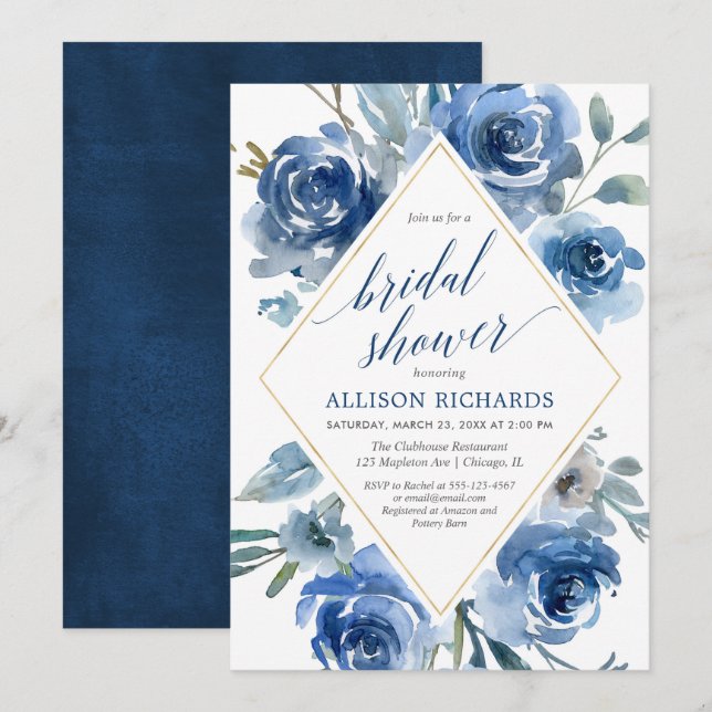 Convites chá de panela elegante de cor dourada azul (Frente/Verso)