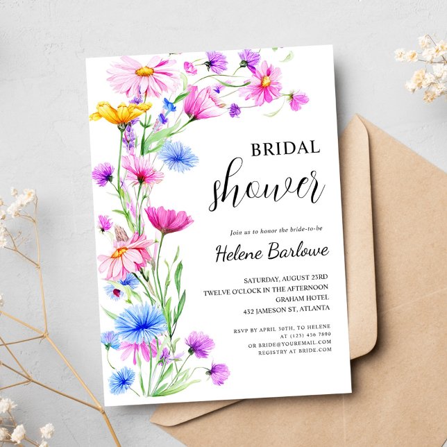 Convites Chá de panela Elegante de flor selvagem vibrante (Vibrant Wildflower Elegant Boho Bridal Shower Invitation)