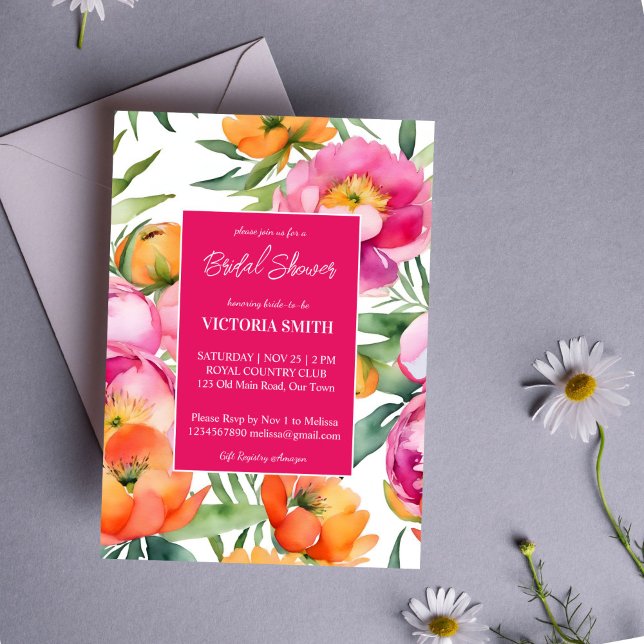 Convites Chá de panela elegante de laranja magenta cor-de-r (Bold Pink magenta orange peonies elegant bridal shower editable template invitation digital download)