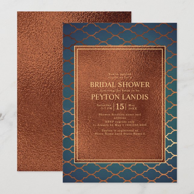 Convites Chá de panela Elegante de Na moda de Cobre e Teal  (Frente/Verso)