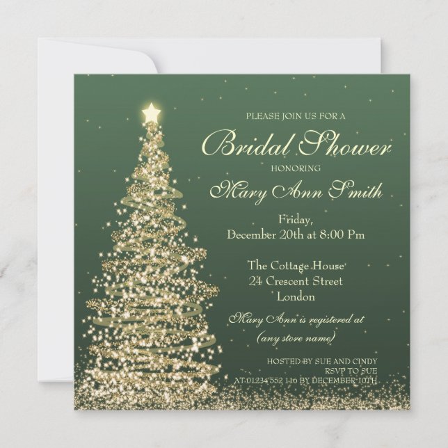 Convites Chá de panela Elegante de Natal Verde Dourado (Frente)