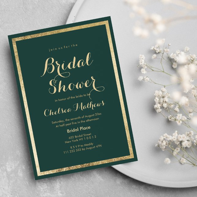 Convites Chá de panela elegante de ouro verde florestal (Elegant modern forest green gold Bridal Shower Invitation )