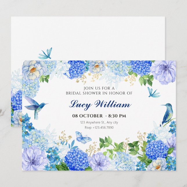 Convites Chá de panela elegante de pássaro floral azul (Frente/Verso)