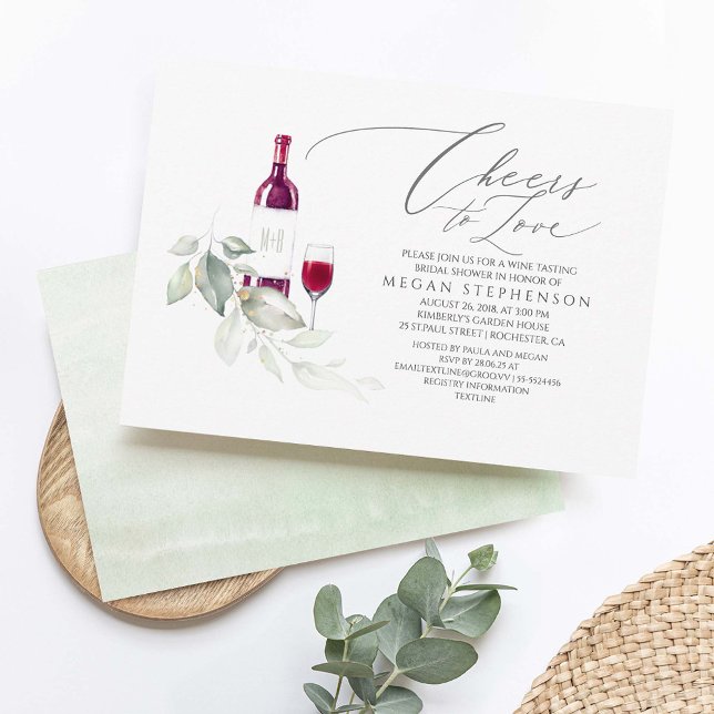 Convites Chá de panela Elegante de Provando de Vinho Verde (Minimalist Greenery Bridal Shower Invitations - Cheers To Love)