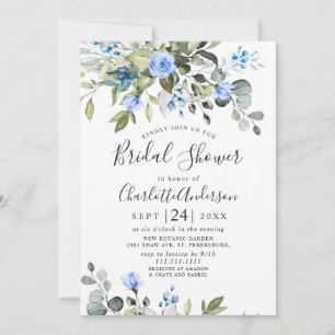 Convites Chá de panela Elegante de Rosas Azuis Eucalyptus